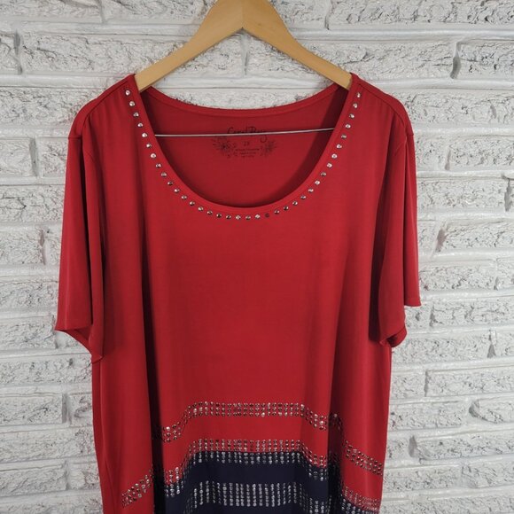 Coral Bay Womens Top 2X Plus Tee Short Sleeve Red Blue Studded Asymmetric RED27E - Picture 3 of 7